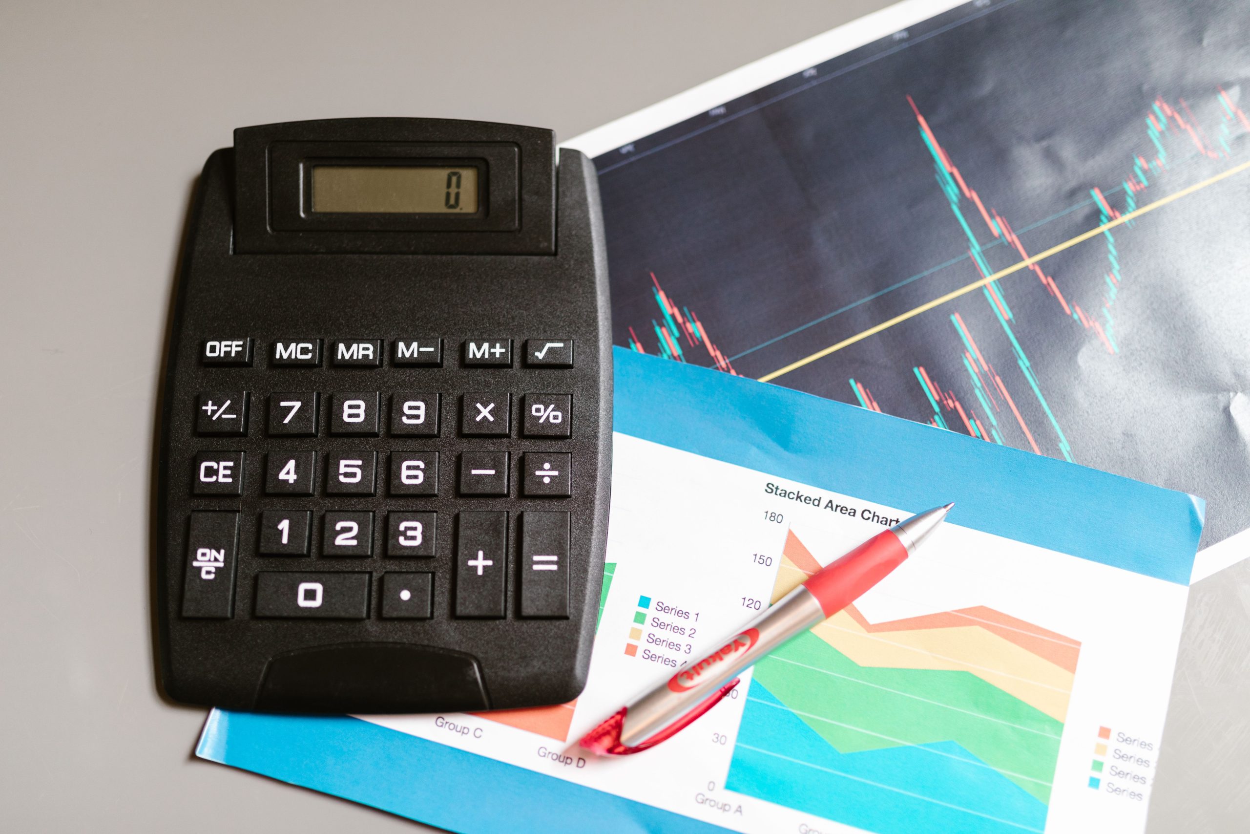 Calculatrice et stylo avec analyses financières