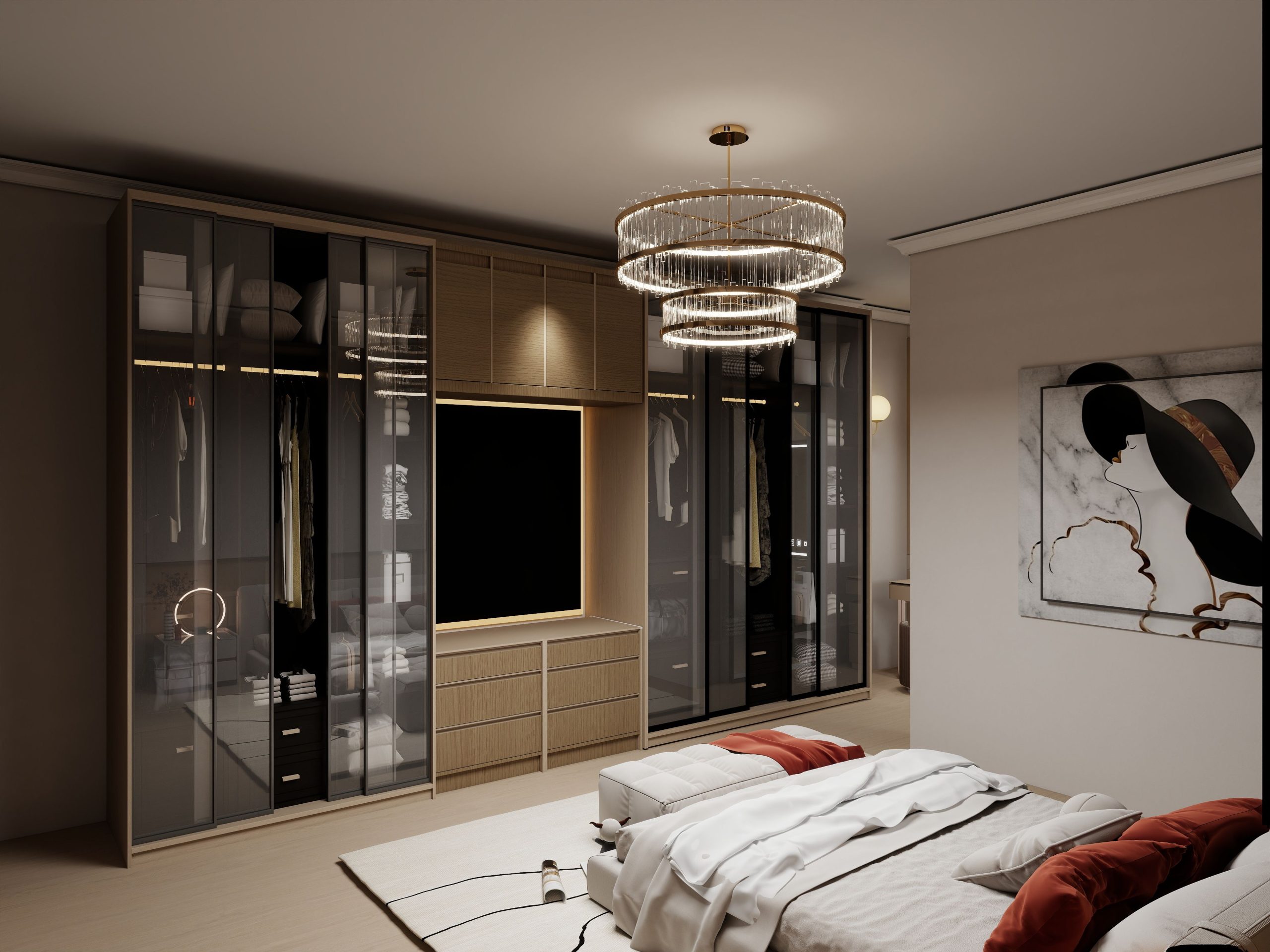 Chambre luxe moderne avec lustre cristal et armoires