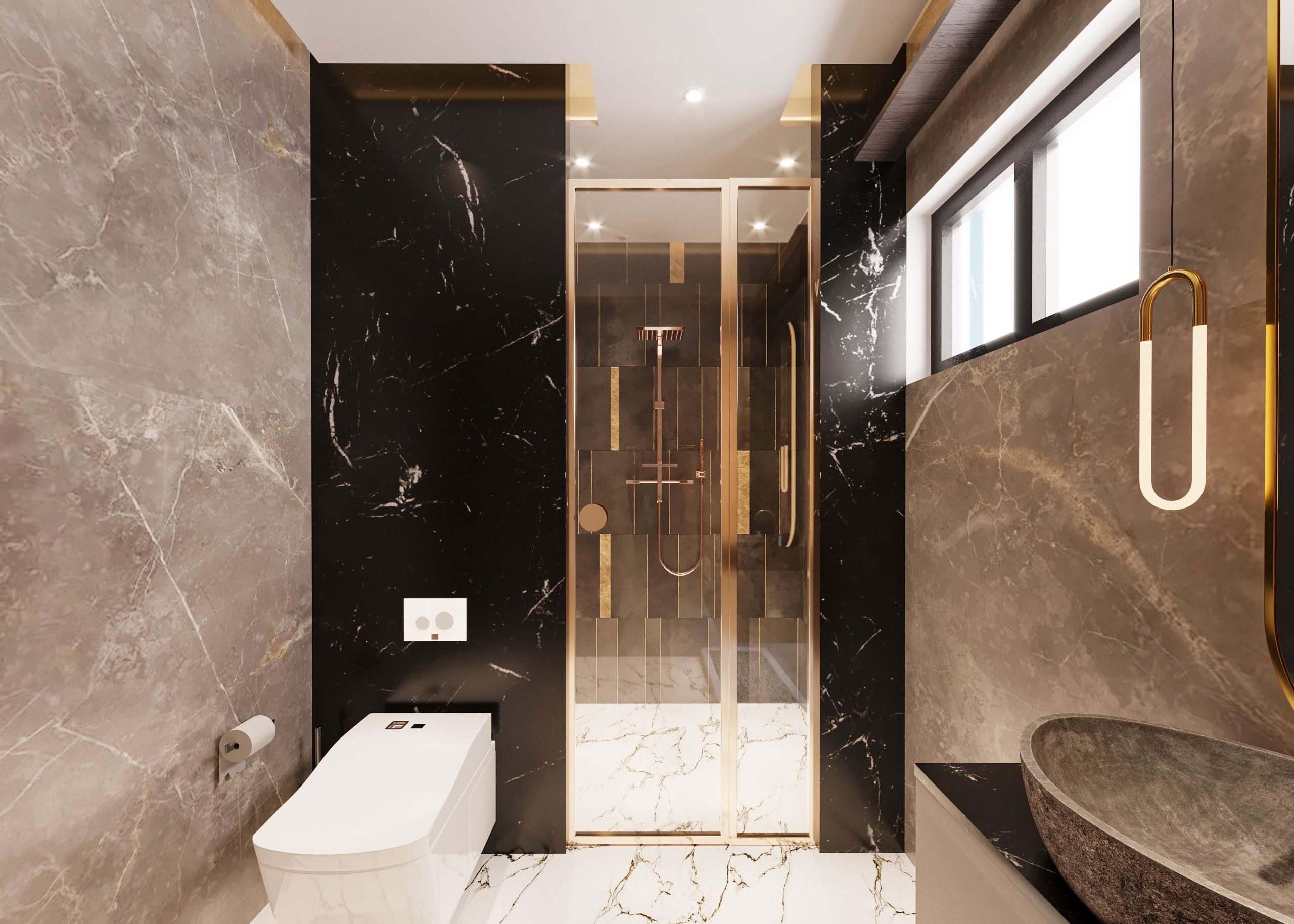 Salle de bain élégante avec marbre et équipements modernes