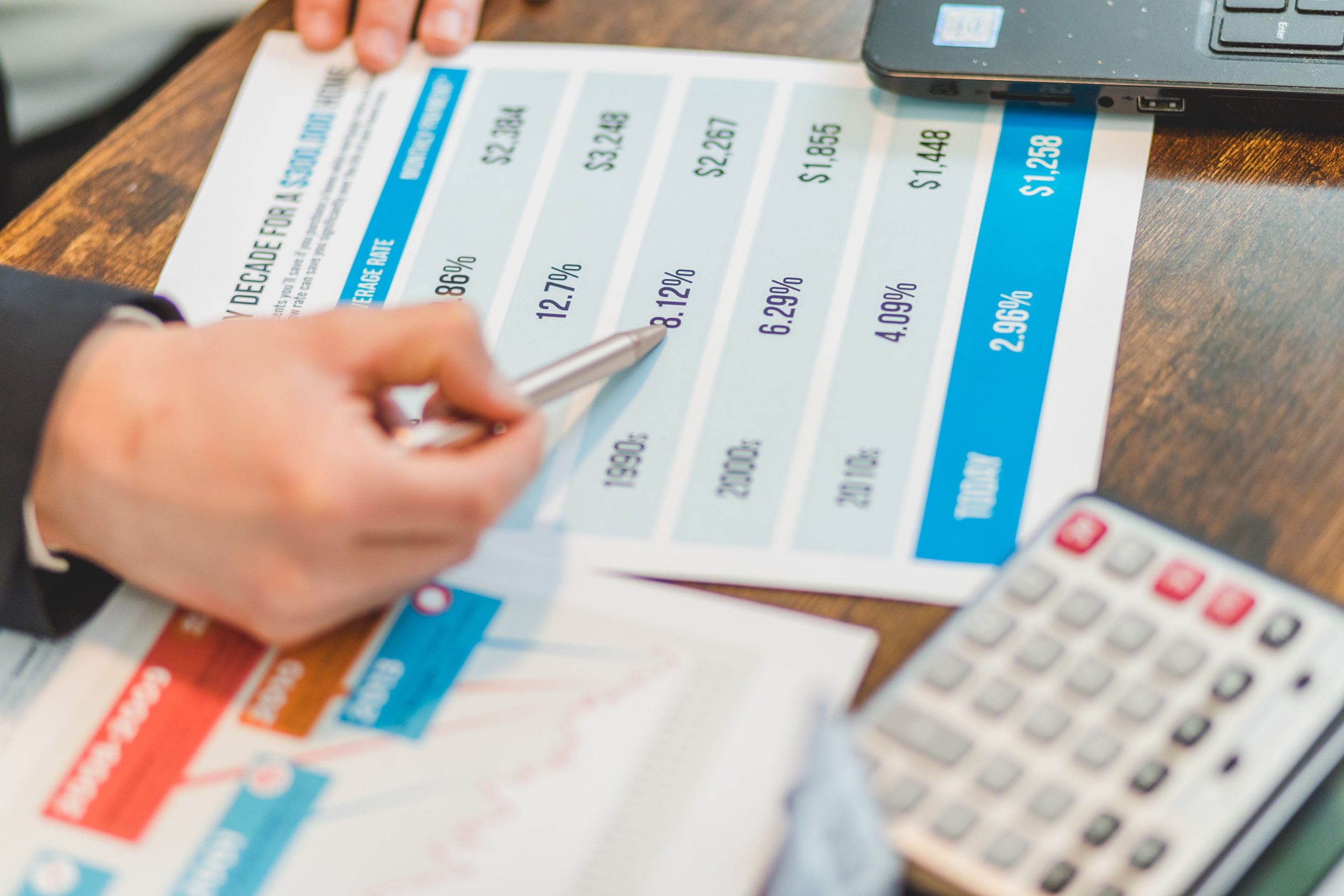 Documents financiers avec tableaux et calculatrice